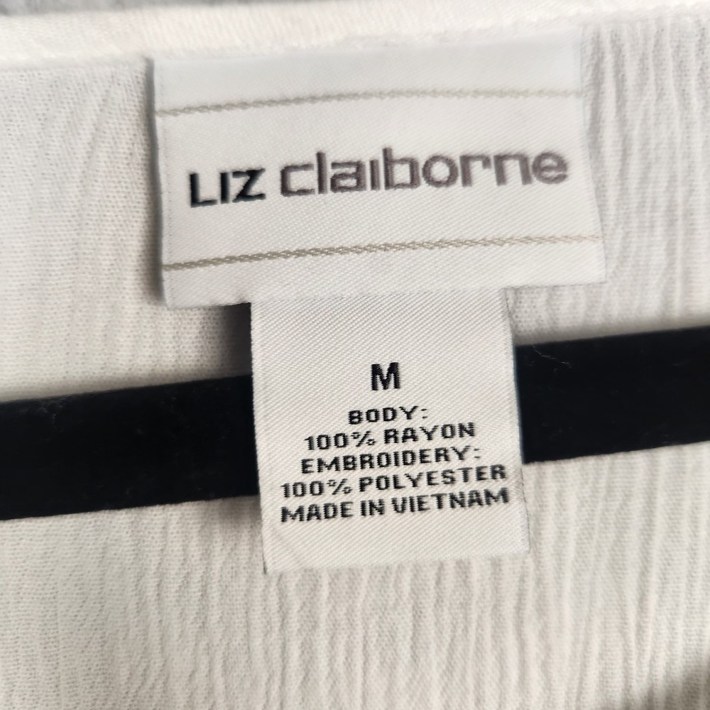 Liz Claiborne Blouse Womens Medium White Blue Embroidered Peasant Boho Top Rayon - Picture 2 of 11